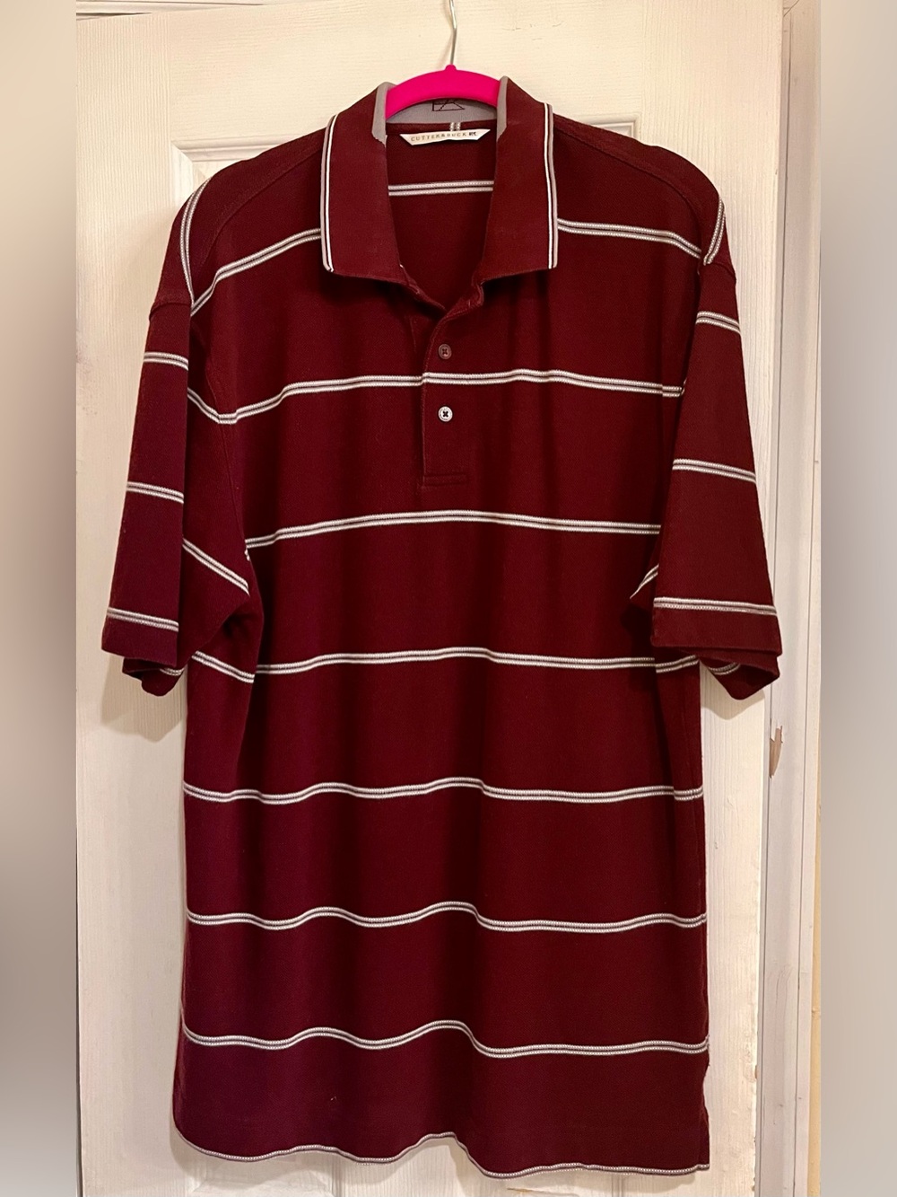Cutter & Buck Burgundy w/White Stripes Cotton Polo Shirt/Golf Shirt (Men's L)